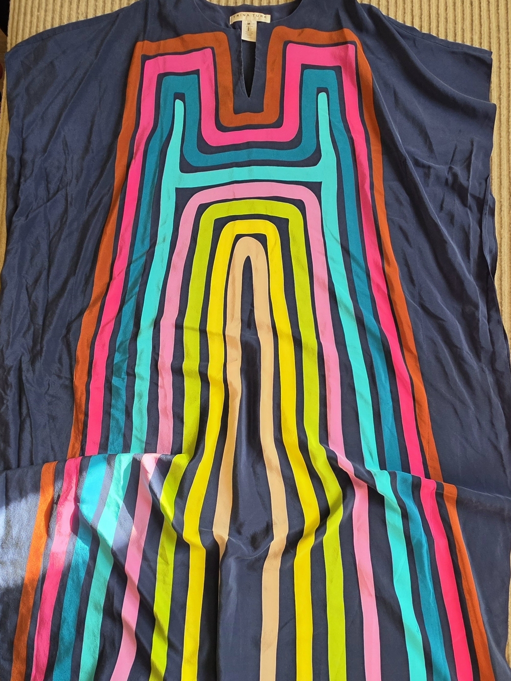 Trina Turk 100% Silk Kaftan Maxi Dress Resort Vacation Beach XS/S Navy Colorful